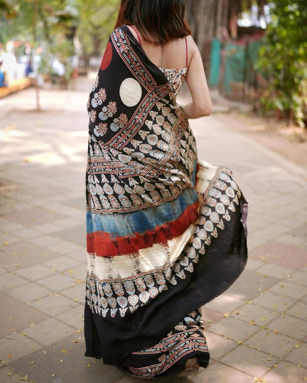 BLACK AJRAKH PALLU SAREE