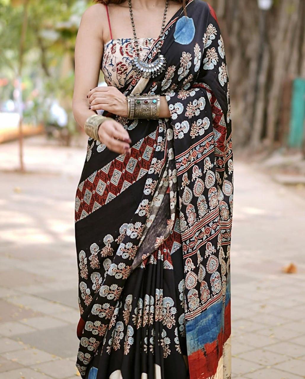 BLACK AJRAKH PALLU SAREE