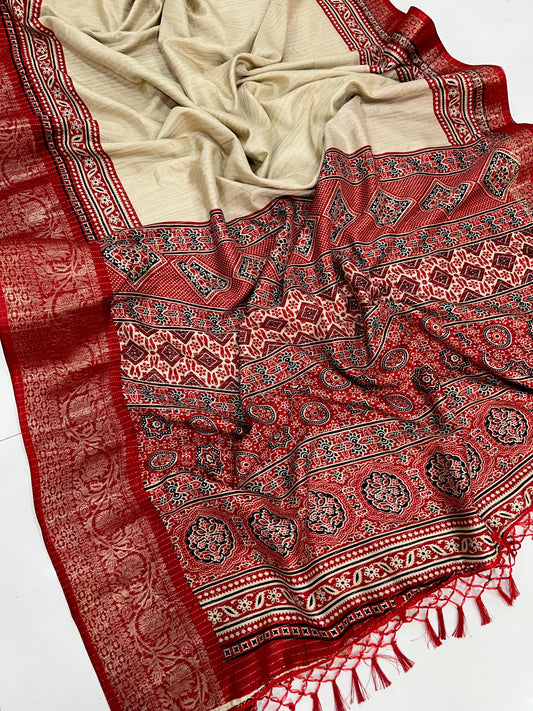 Traditional Cream and Maroon Saree with Elegant Golden Weaving and Subtle Border