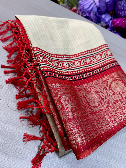 Traditional Cream and Maroon Saree with Elegant Golden Weaving and Subtle Border