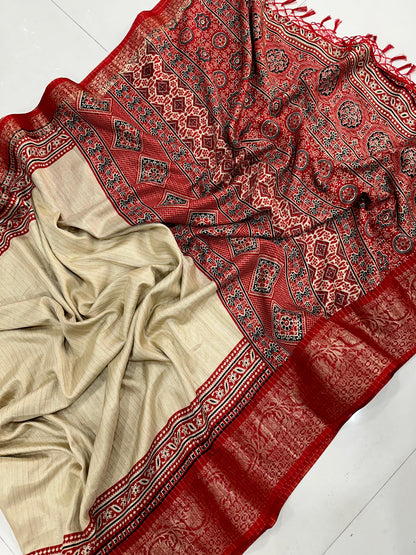 Traditional Cream and Maroon Saree with Elegant Golden Weaving and Subtle Border