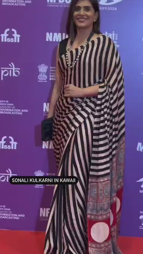 Black & Cream Modal Silk Ajrakh Strip Print Saree With Unstitched Blouse Piece