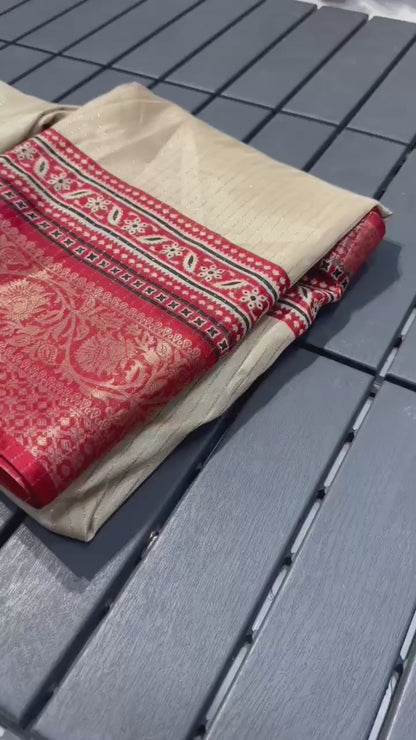 Traditional Cream and Maroon Saree with Elegant Golden Weaving and Subtle Border