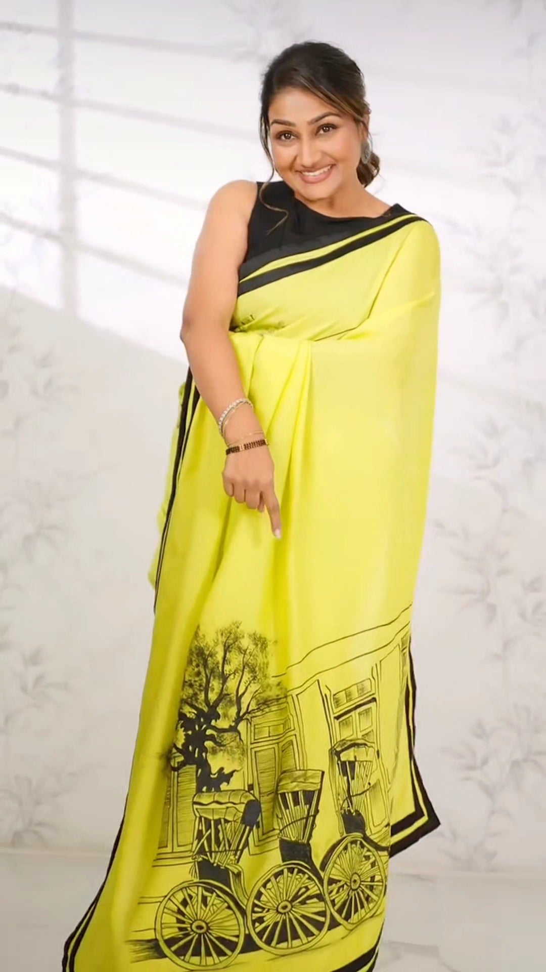 CELEBRITY WEAR LIME YELLOW COLOR NATURE PRINTED SAREE.
