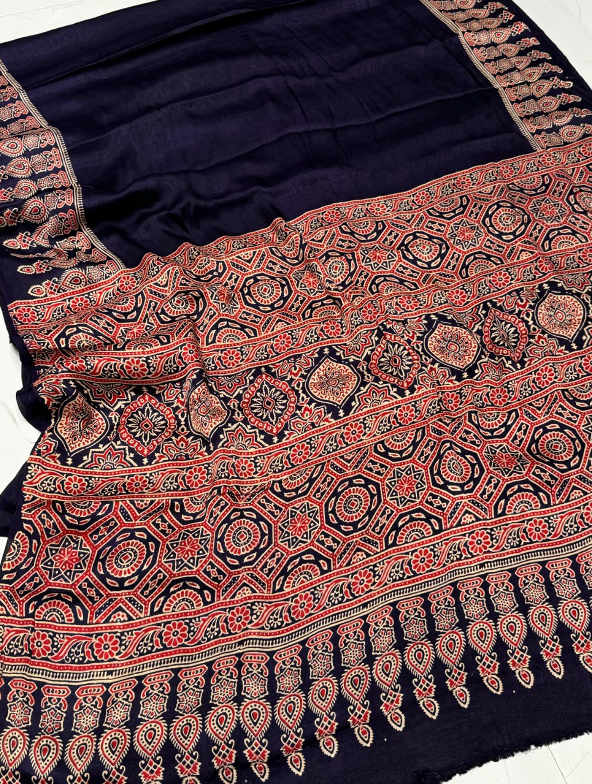 NAVY BLUE AJRAKH SAREE.