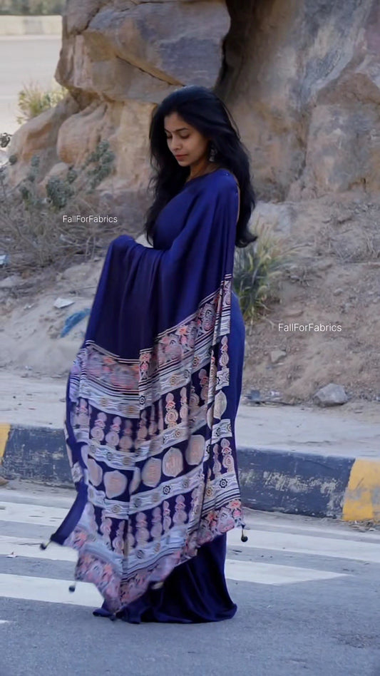 ROYAL BLUE COLOR AJRAKH PALLU SAREE.