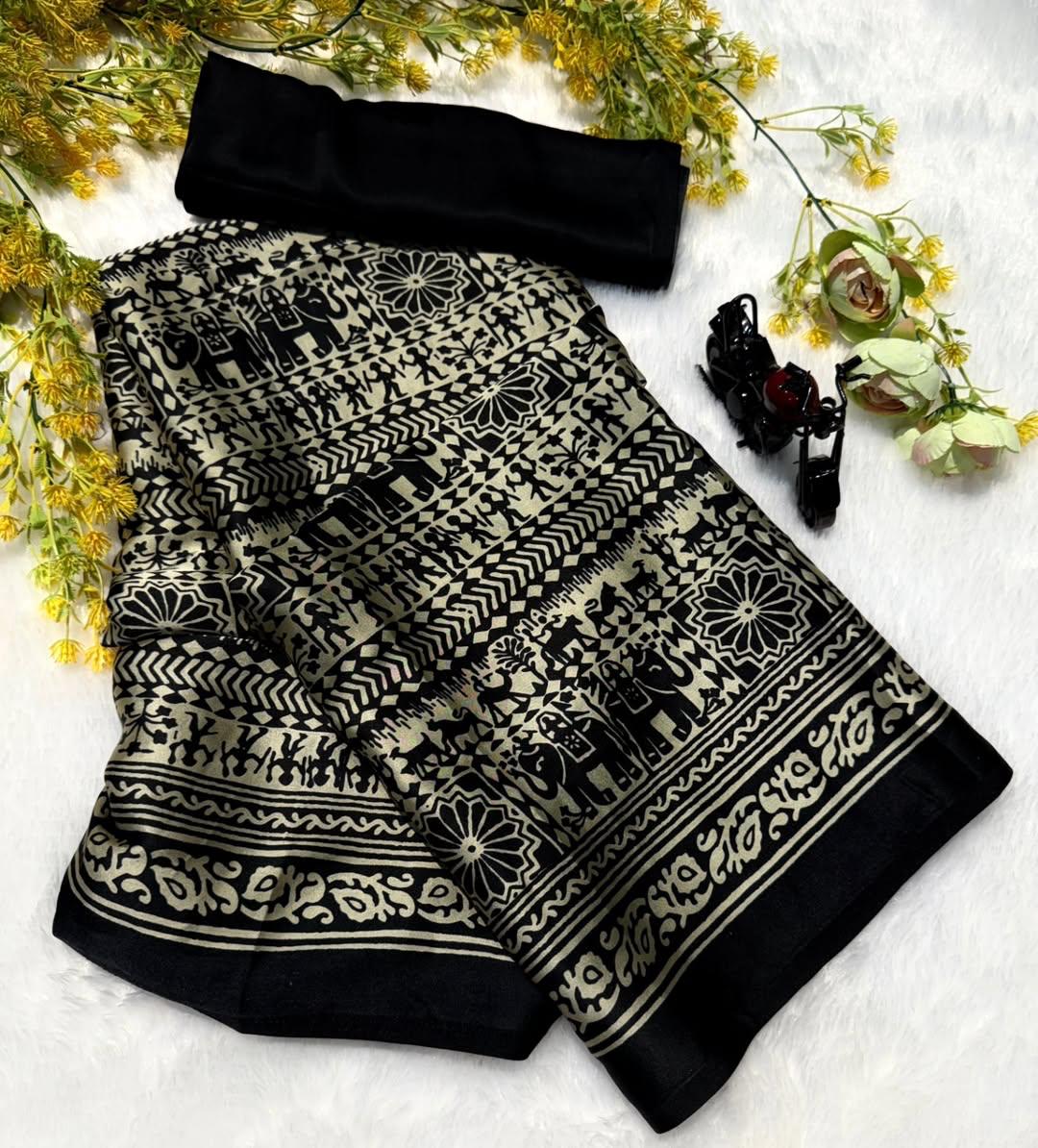 BLACK COLOR WITH WHITE BORDER KALAMKARI SAREE