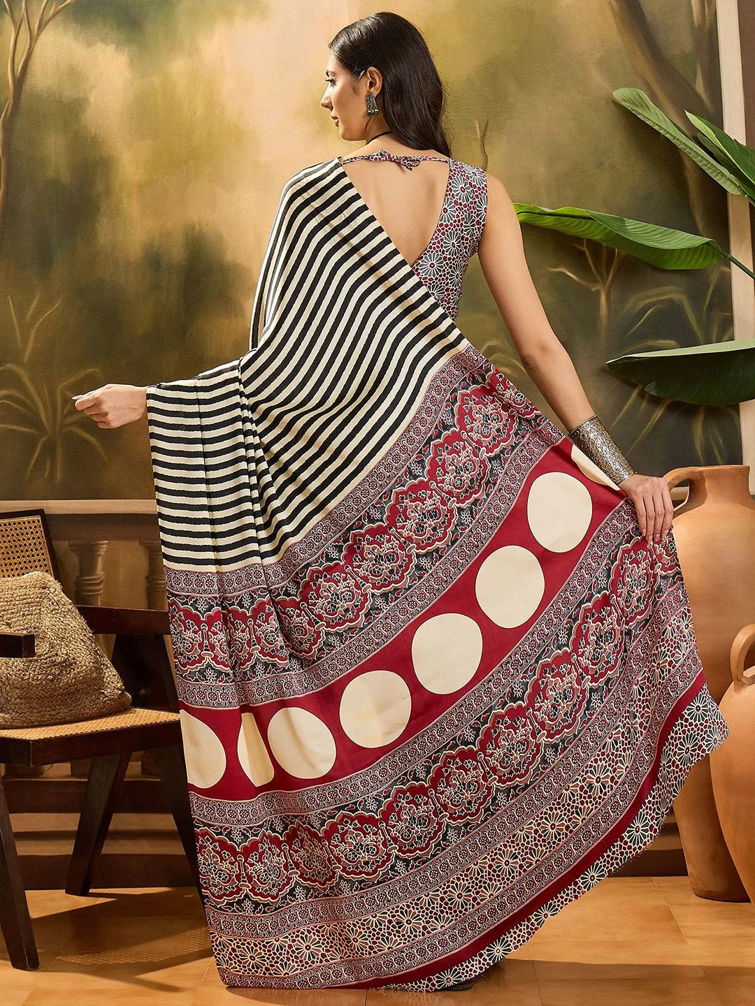 Black & Cream Modal Silk Ajrakh Strip Print Saree With Unstitched Blouse Piece