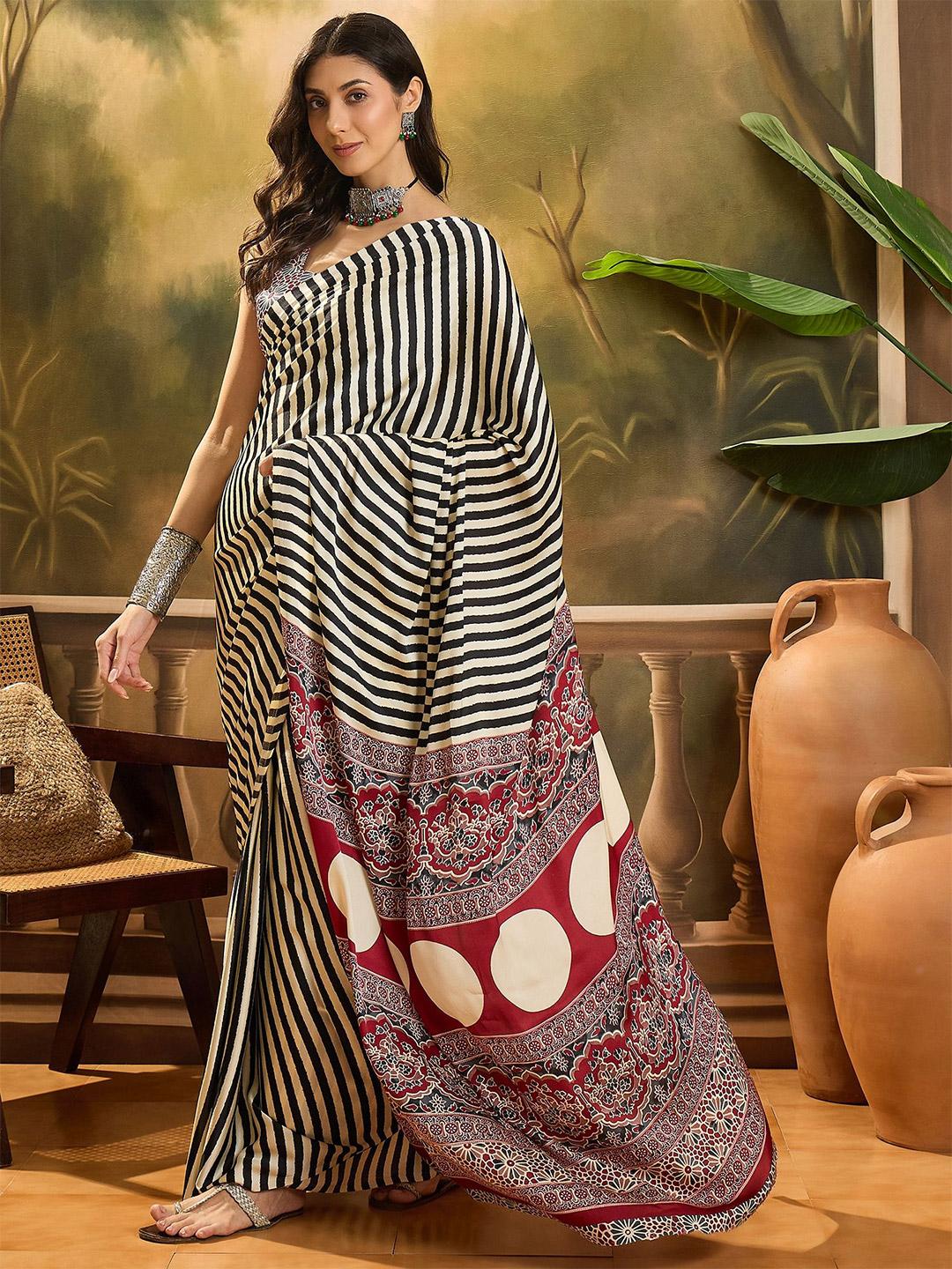 Black & Cream Modal Silk Ajrakh Strip Print Saree With Unstitched Blouse Piece